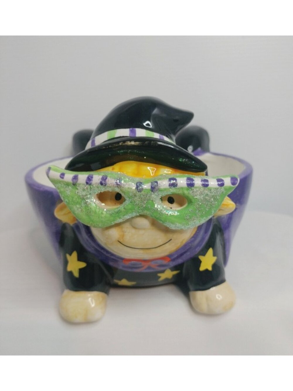 Whimsical Witch W/Sparkle Green Glasses Halloween candy bowl holder Size 7”x6”